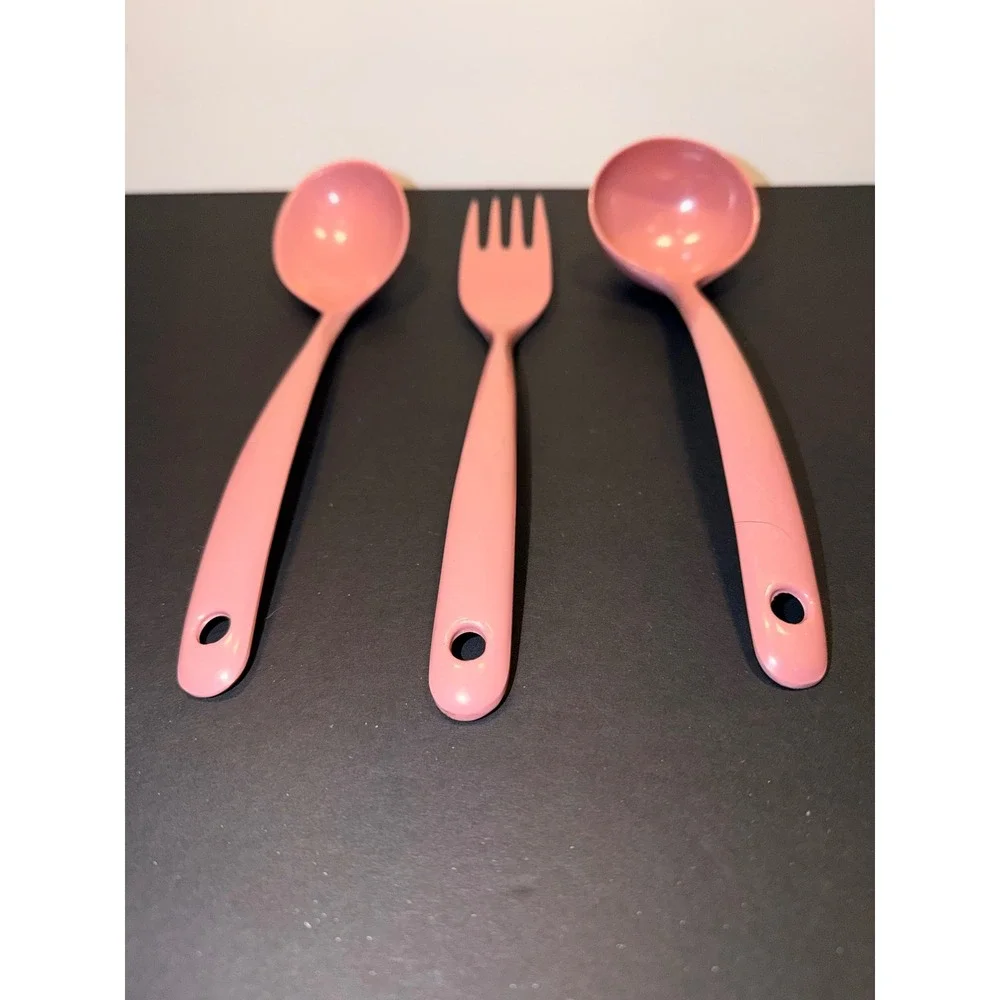 Vintage Copco Dusty Pink Melamine Kitchen Utensil Set Spoon Fork Ladle 3pc Retro